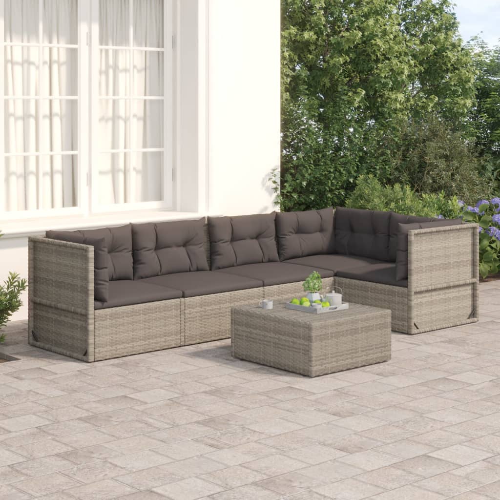 6-delige Loungeset met kussens poly rattan grijs