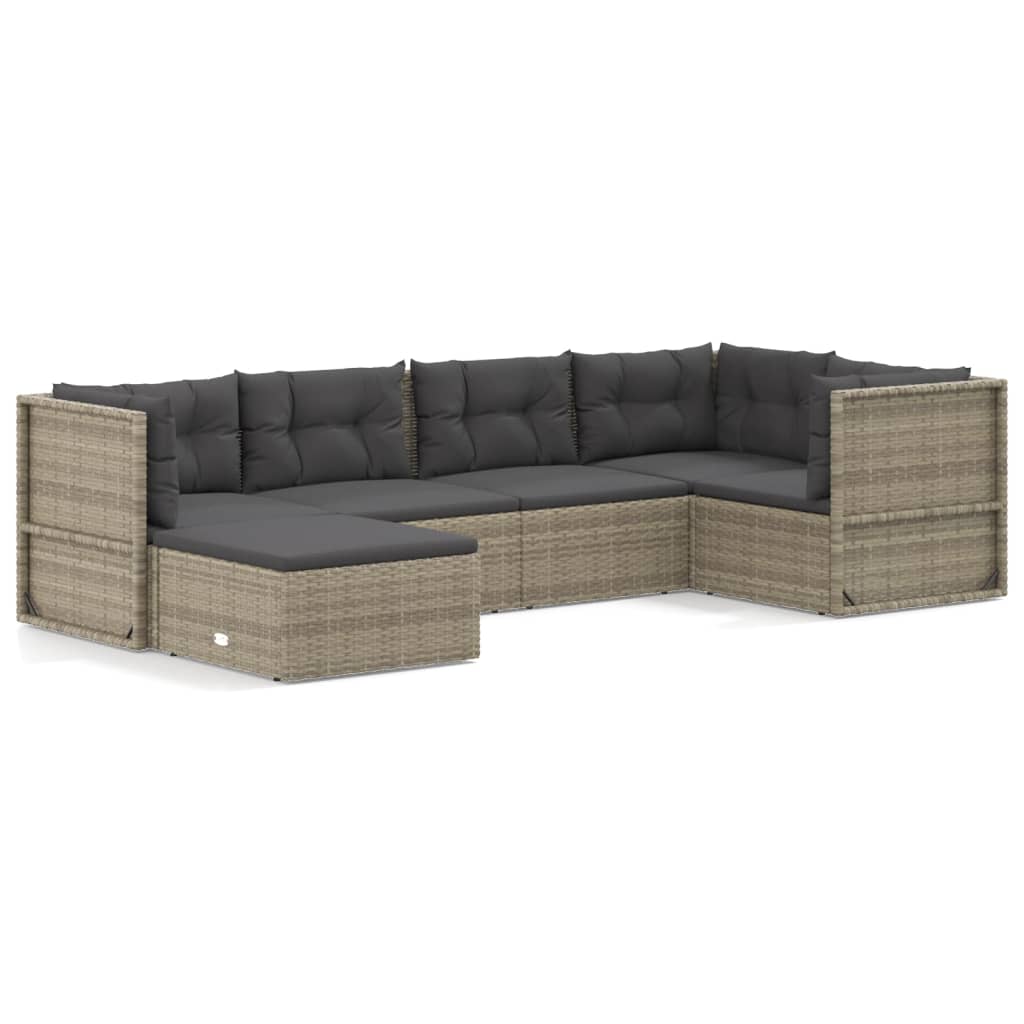 6-delige Loungeset met kussens poly rattan grijs