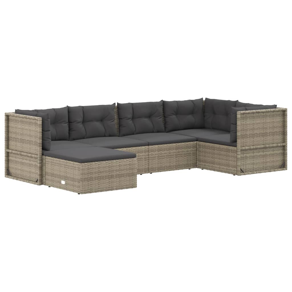 6-delige Loungeset met kussens poly rattan grijs