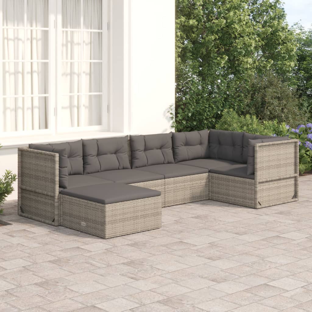 6-delige Loungeset met kussens poly rattan grijs