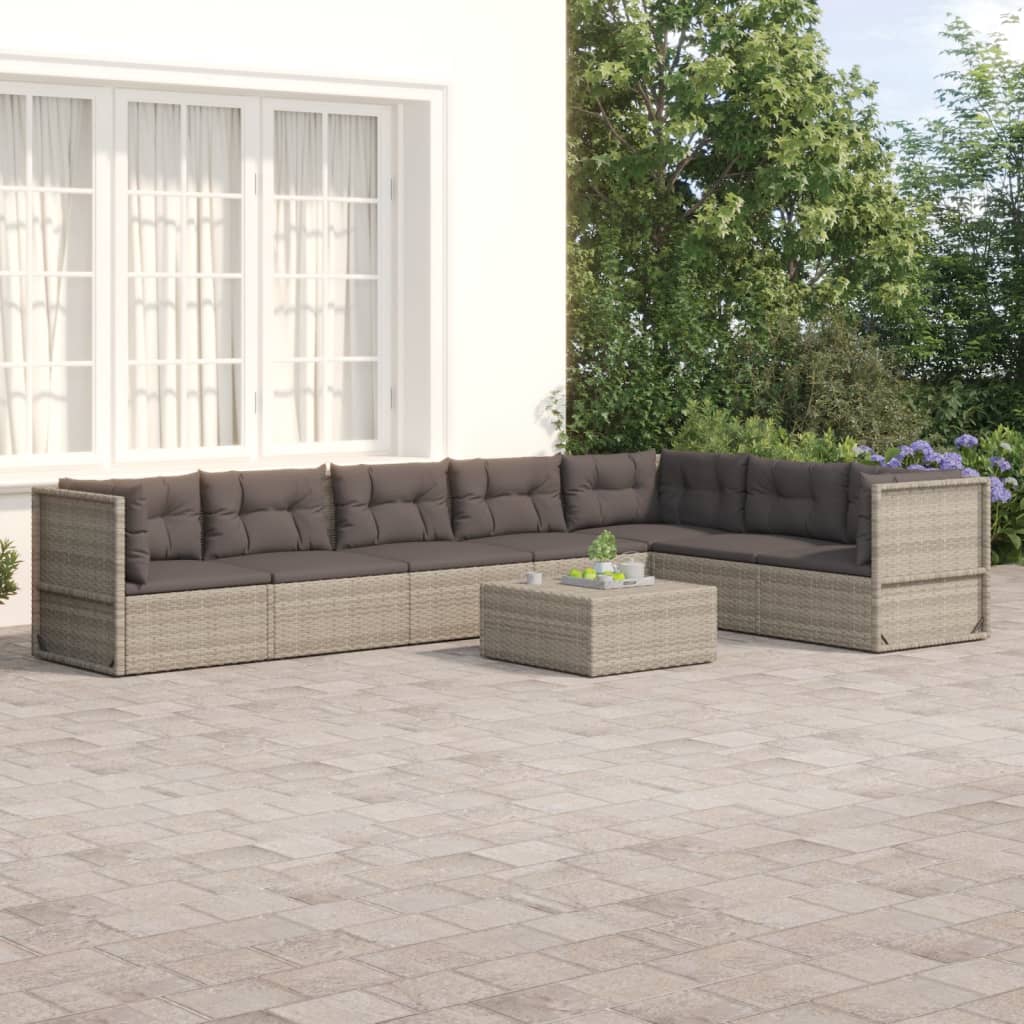 7-delige Loungeset met kussens poly rattan grijs