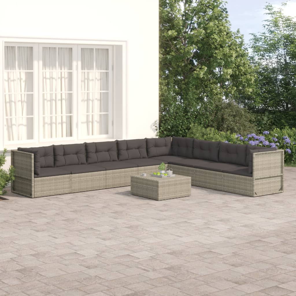 10-delige Loungeset met kussens poly rattan grijs