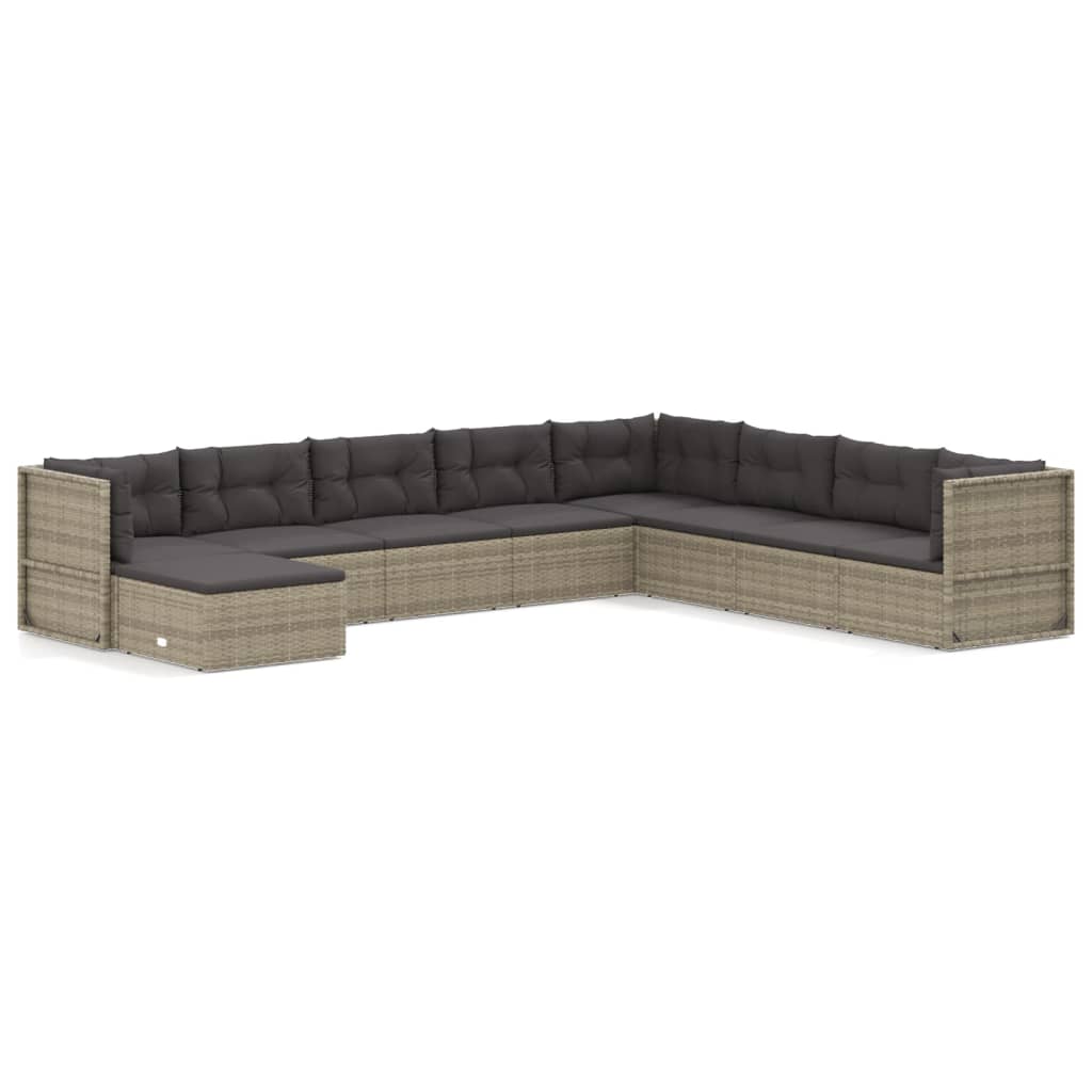 10-delige Loungeset met kussens poly rattan grijs