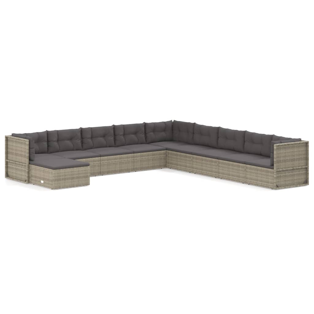 10-delige Loungeset met kussens poly rattan grijs