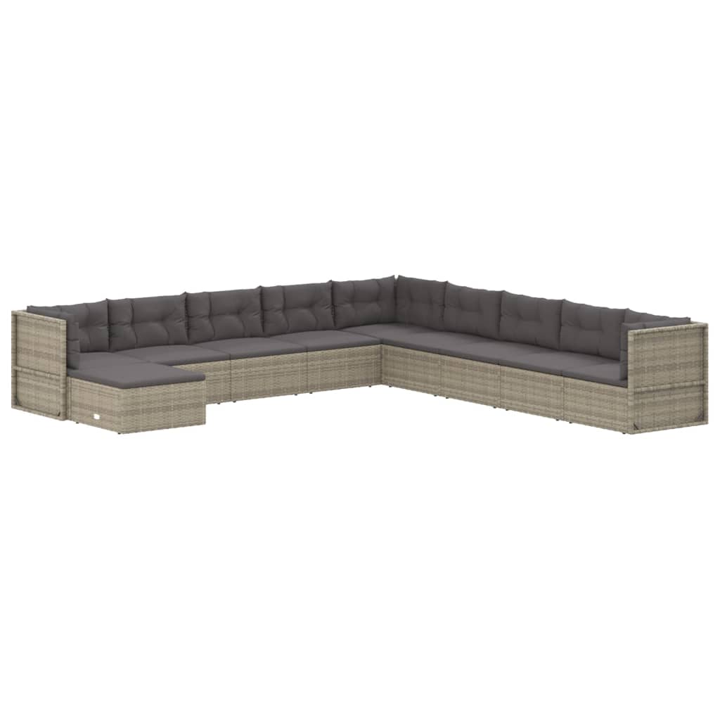 10-delige Loungeset met kussens poly rattan grijs