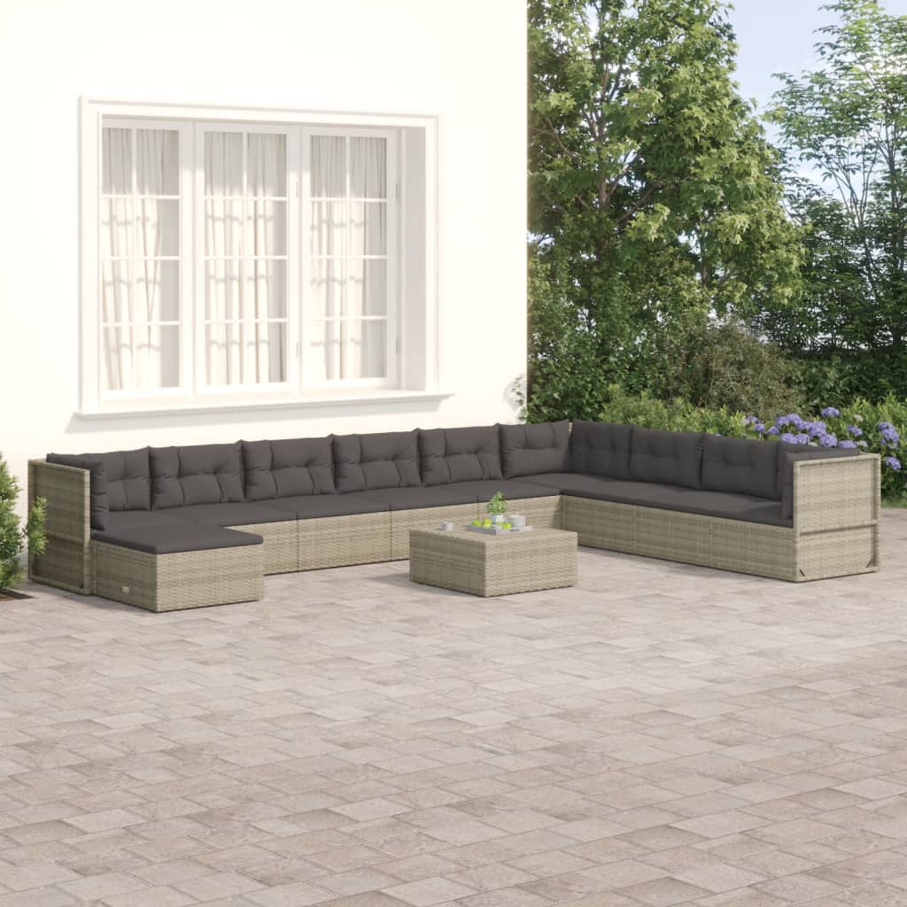 10-delige Loungeset met kussens poly rattan grijs