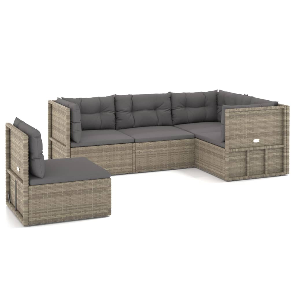 6-delige Loungeset met kussens poly rattan grijs