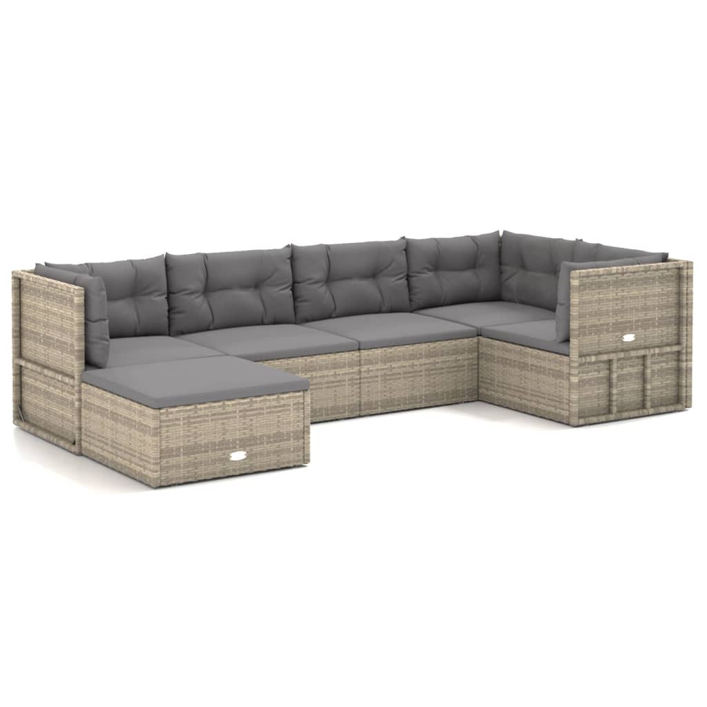 6-delige Loungeset met kussens poly rattan grijs