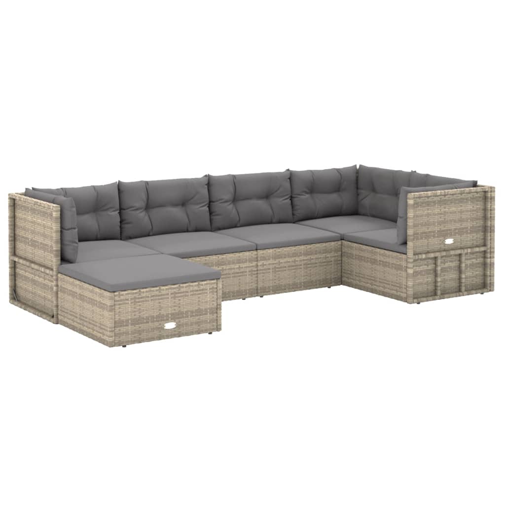 6-delige Loungeset met kussens poly rattan grijs