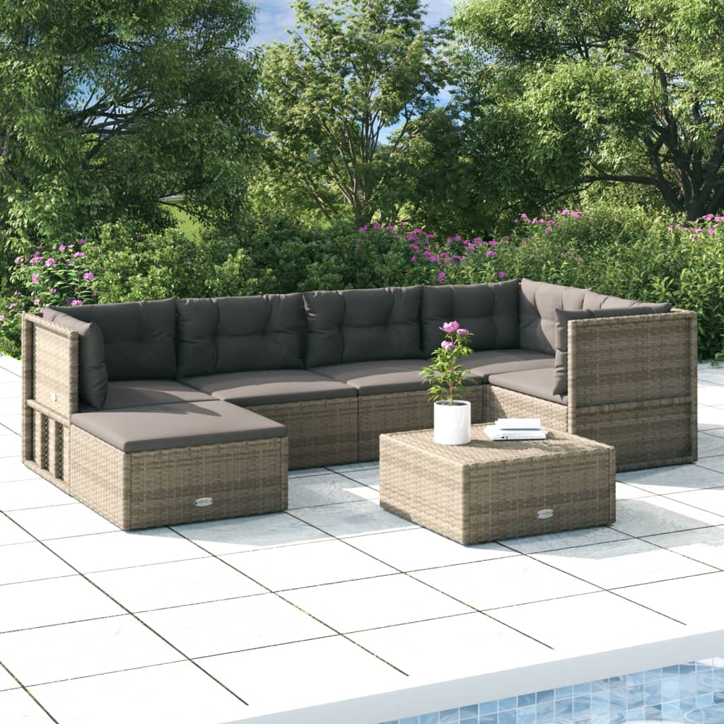 6-delige Loungeset met kussens poly rattan grijs