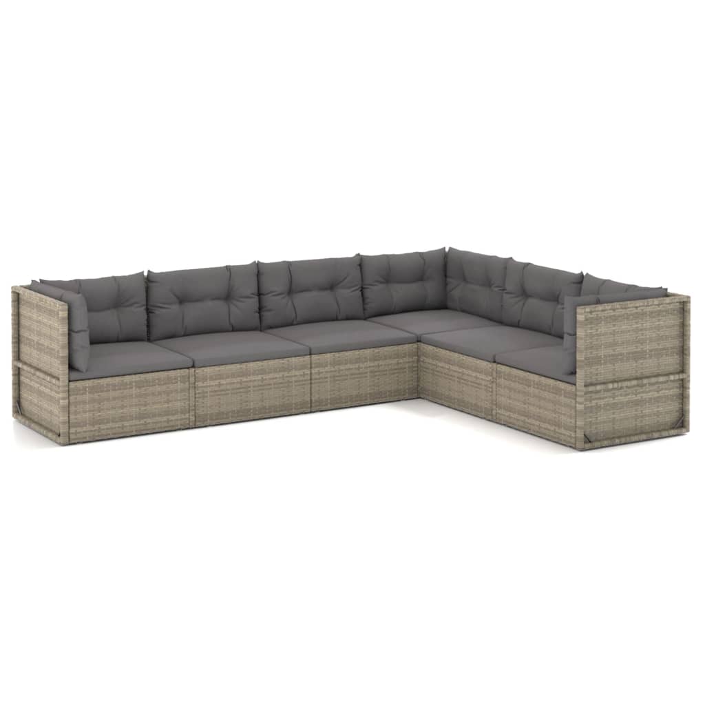 6-delige Loungeset met kussens poly rattan grijs