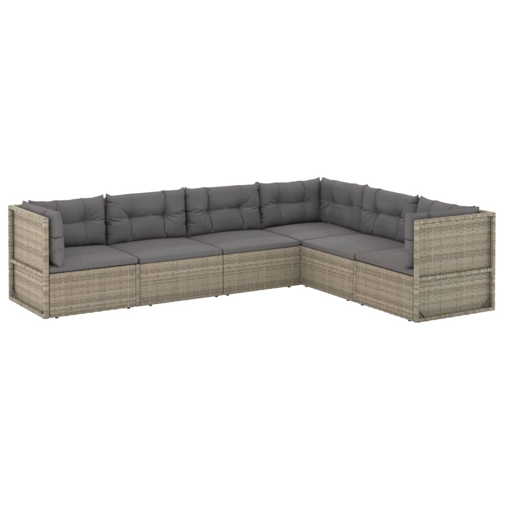 6-delige Loungeset met kussens poly rattan grijs