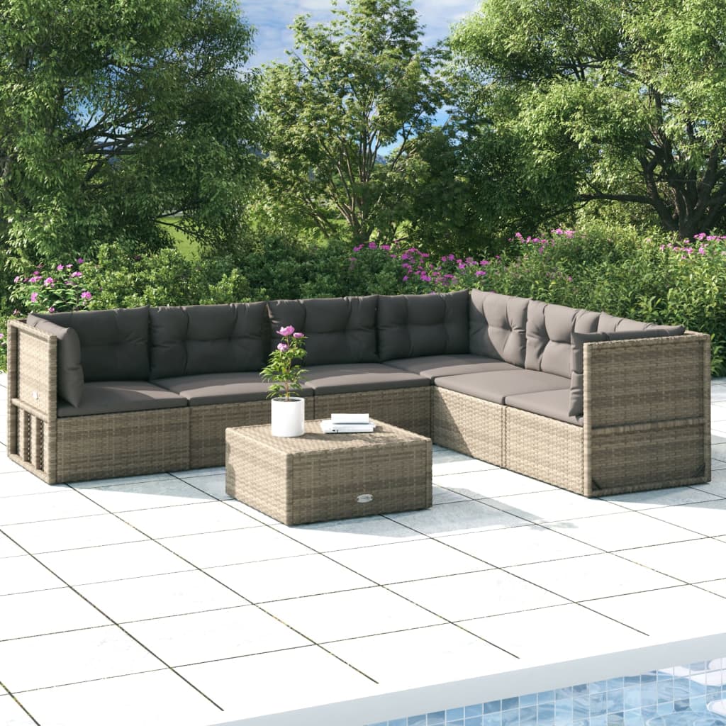 6-delige Loungeset met kussens poly rattan grijs