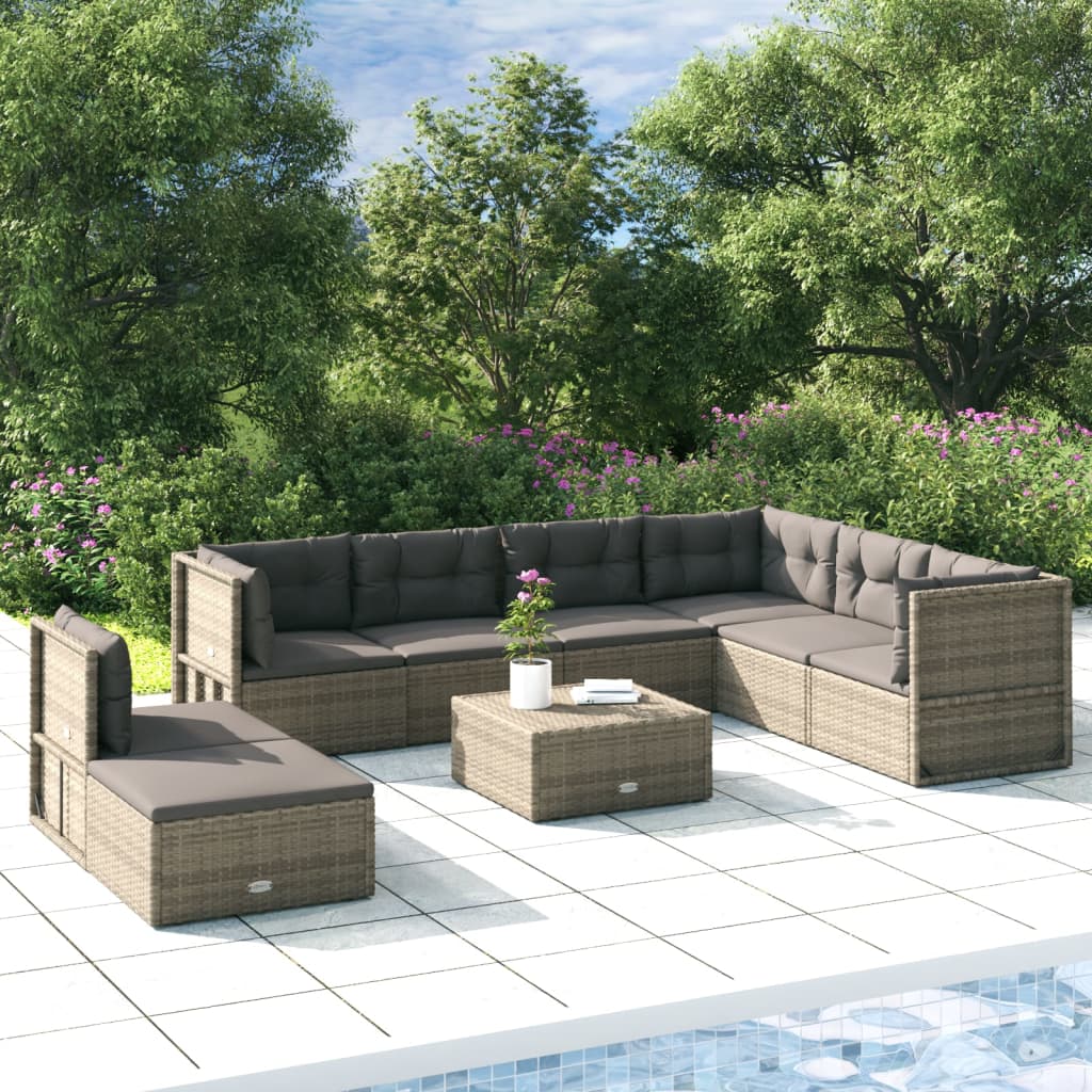 9-delige Loungeset met kussens poly rattan grijs