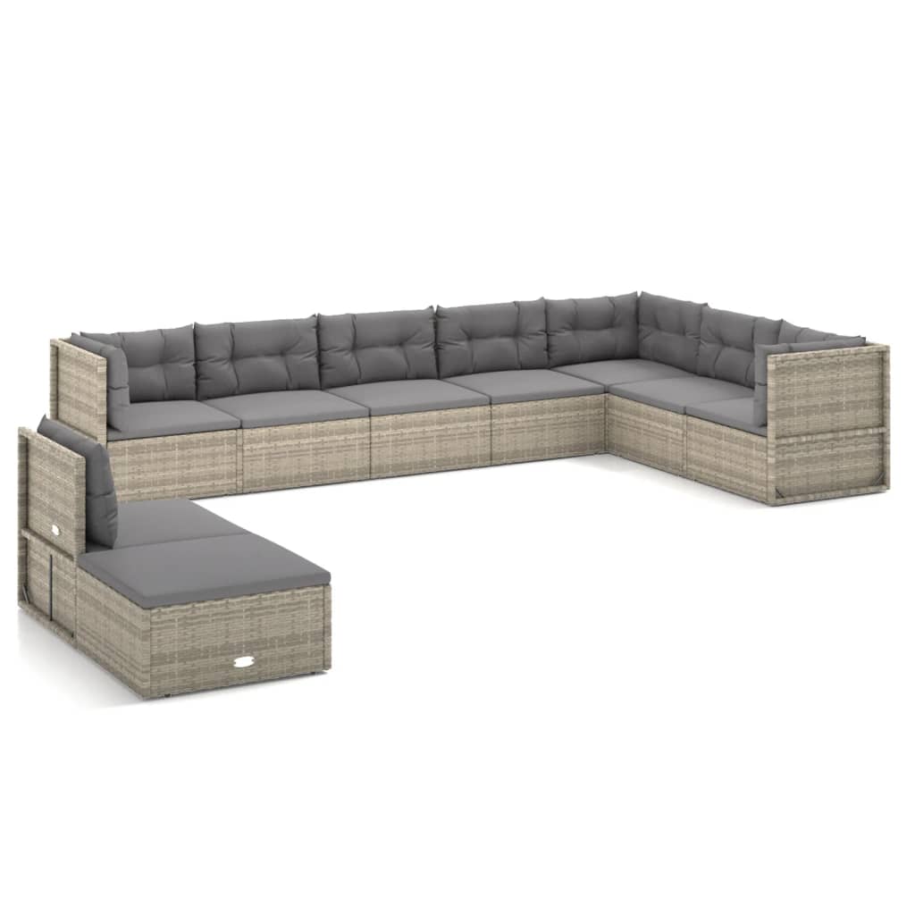 9-delige Loungeset met kussens poly rattan grijs