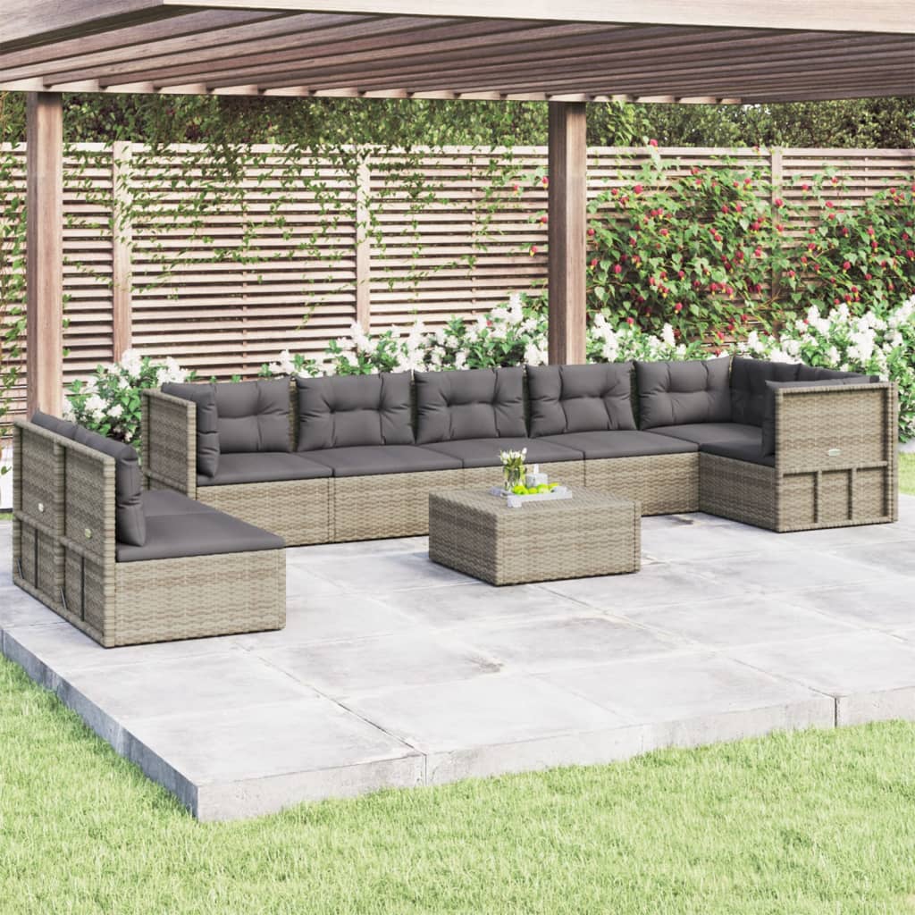 8-delige Loungeset met kussens poly rattan grijs