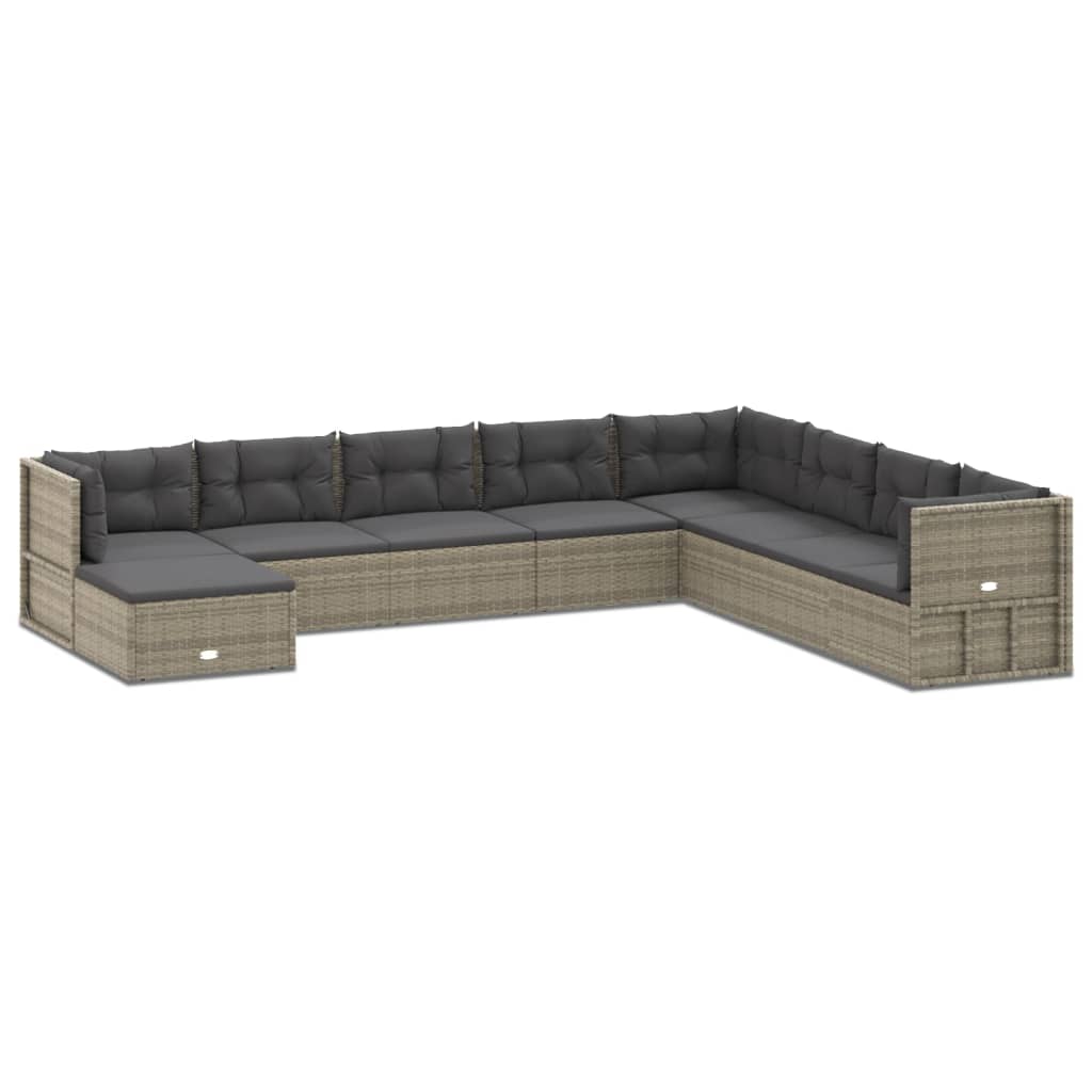 8-delige Loungeset met kussens poly rattan grijs