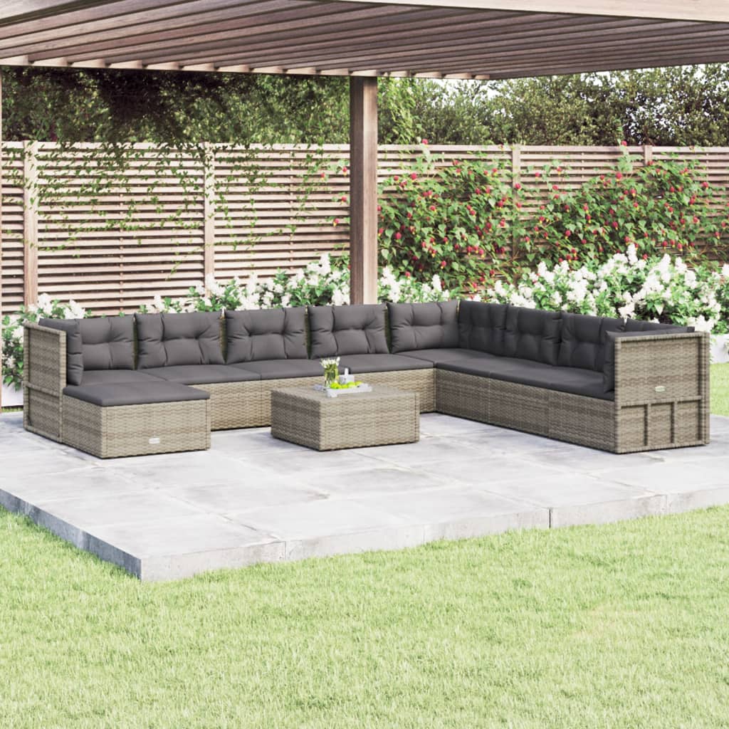 8-delige Loungeset met kussens poly rattan grijs