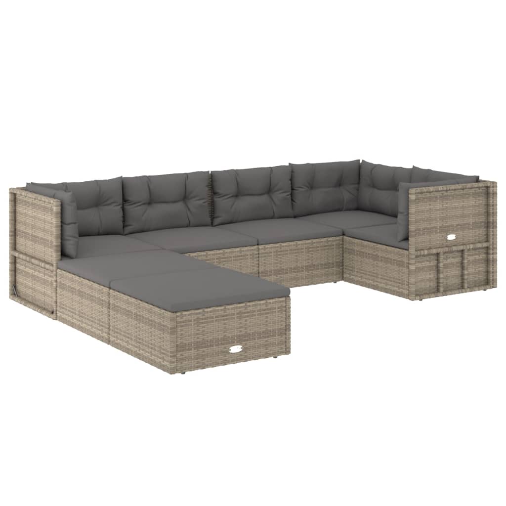 7-delige Loungeset met kussens poly rattan grijs