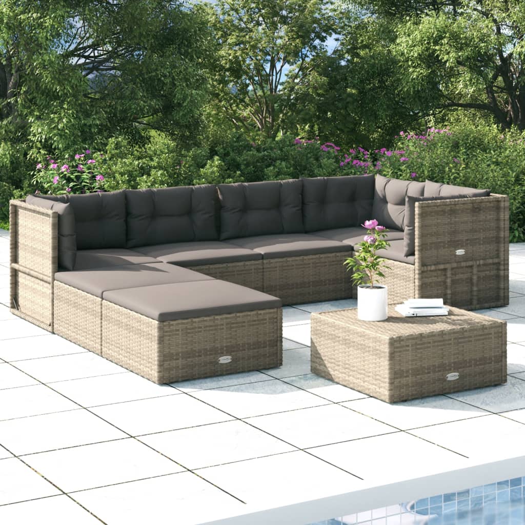 7-delige Loungeset met kussens poly rattan grijs