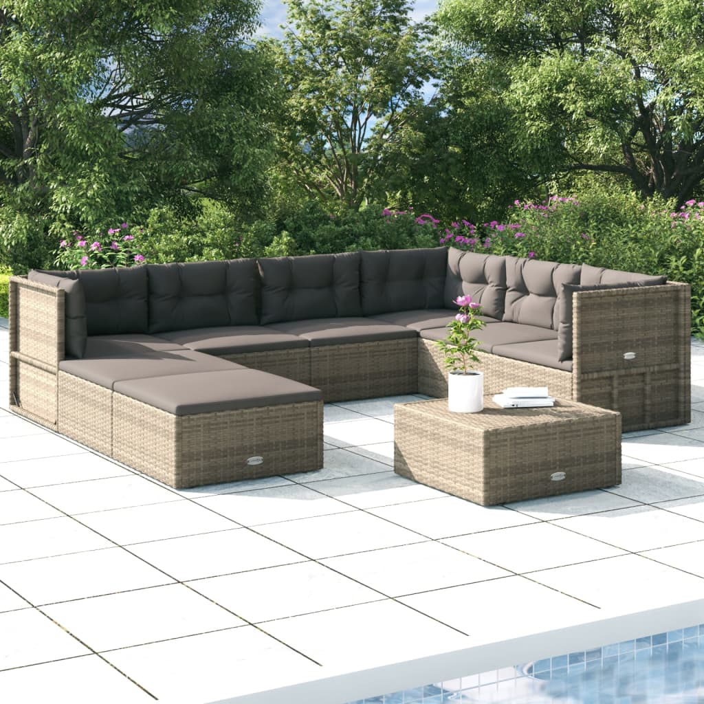 7-delige Loungeset met kussens poly rattan grijs