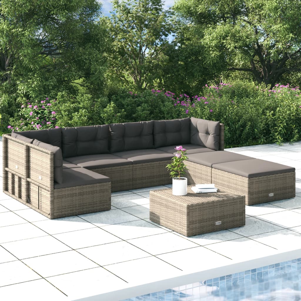 8-delige Loungeset met kussens poly rattan grijs