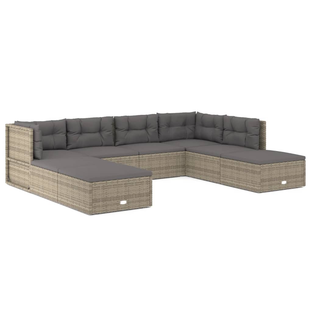 7-delige Loungeset met kussens poly rattan grijs