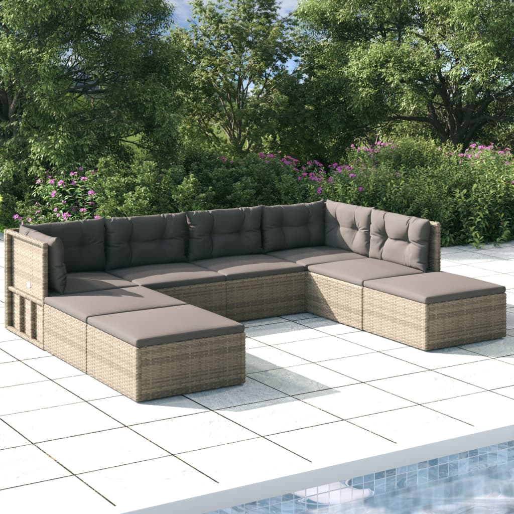 7-delige Loungeset met kussens poly rattan grijs