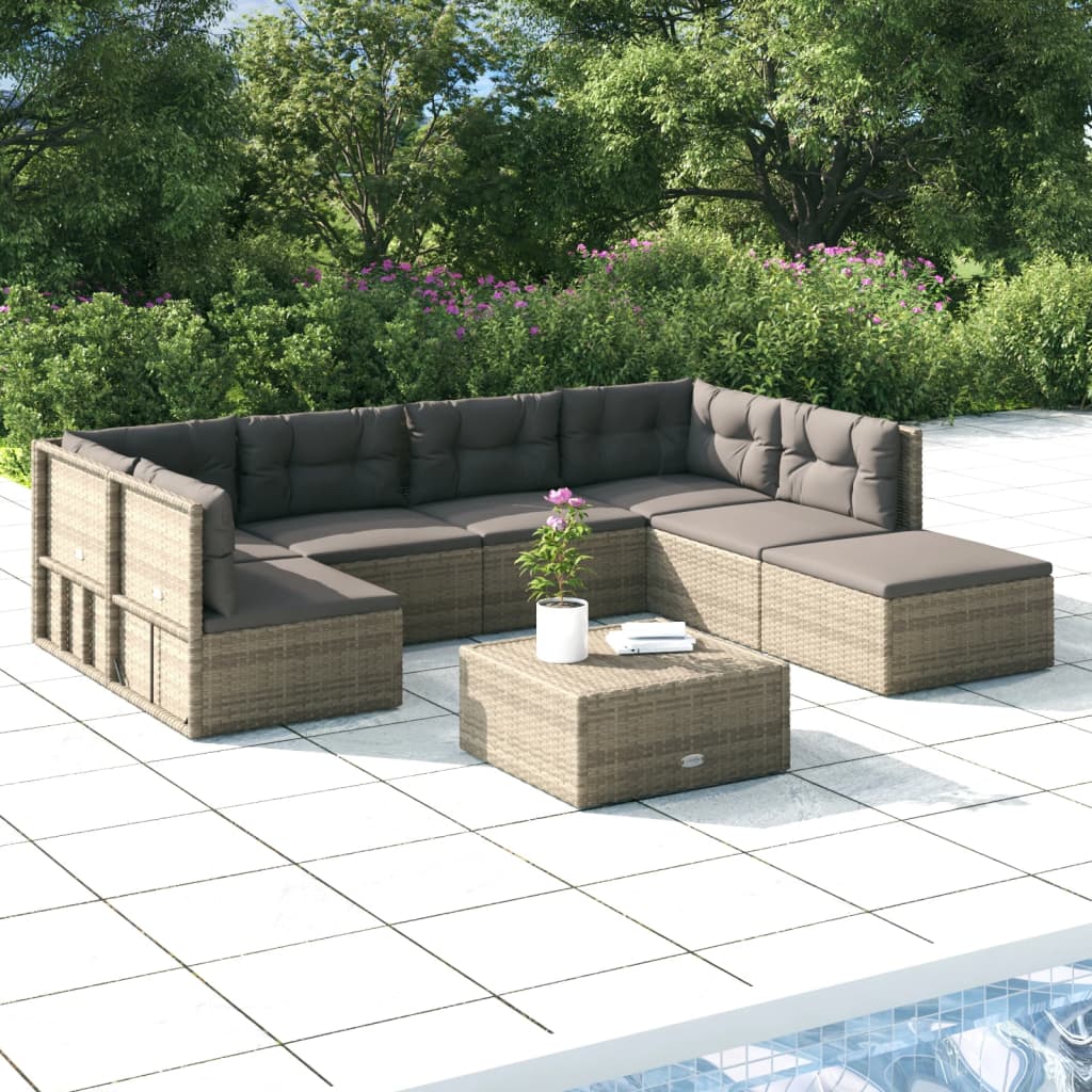 7-delige Loungeset met kussens poly rattan grijs