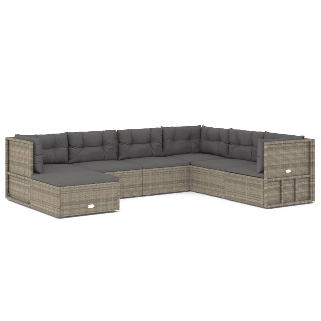 7-delige Loungeset met kussens poly rattan grijs