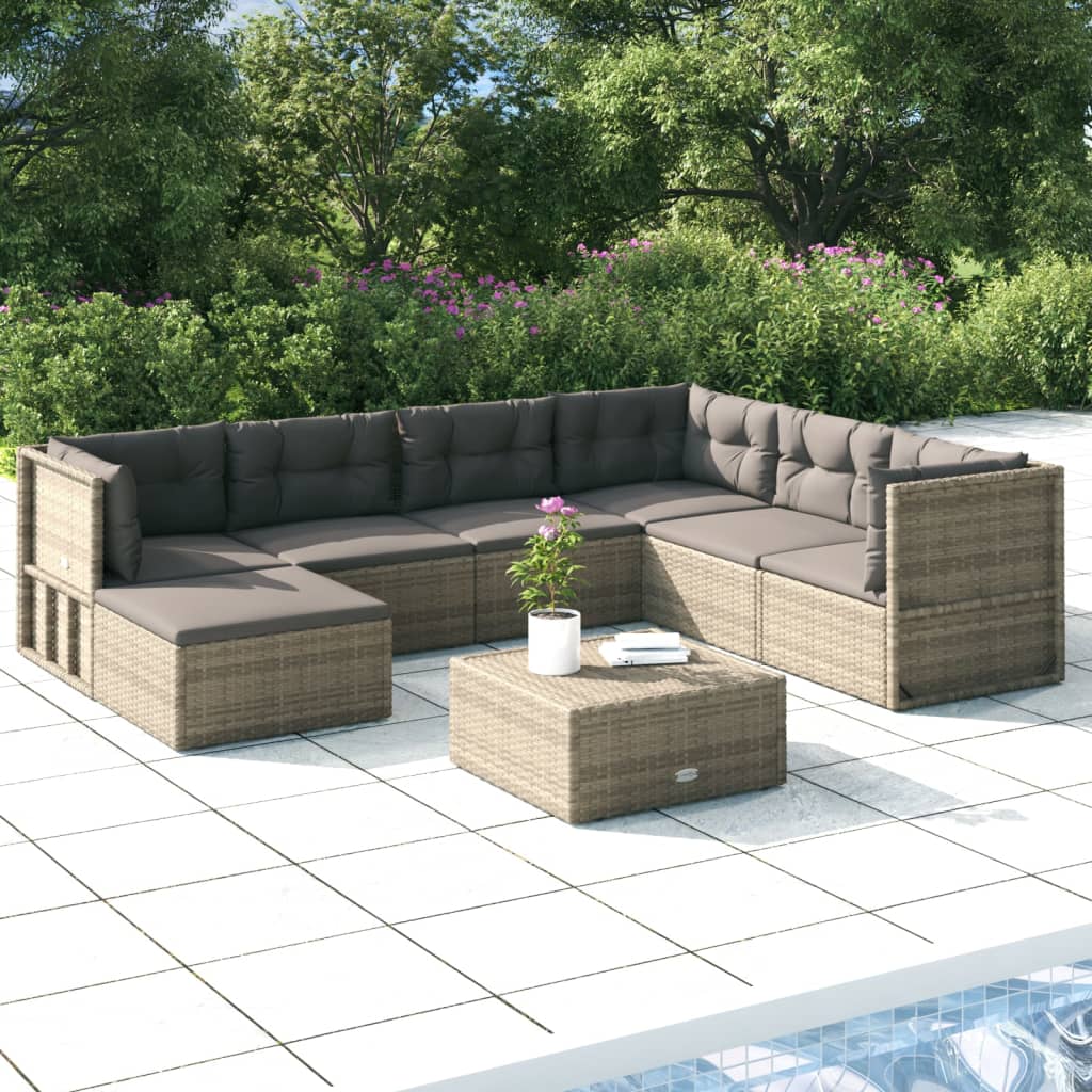 7-delige Loungeset met kussens poly rattan grijs