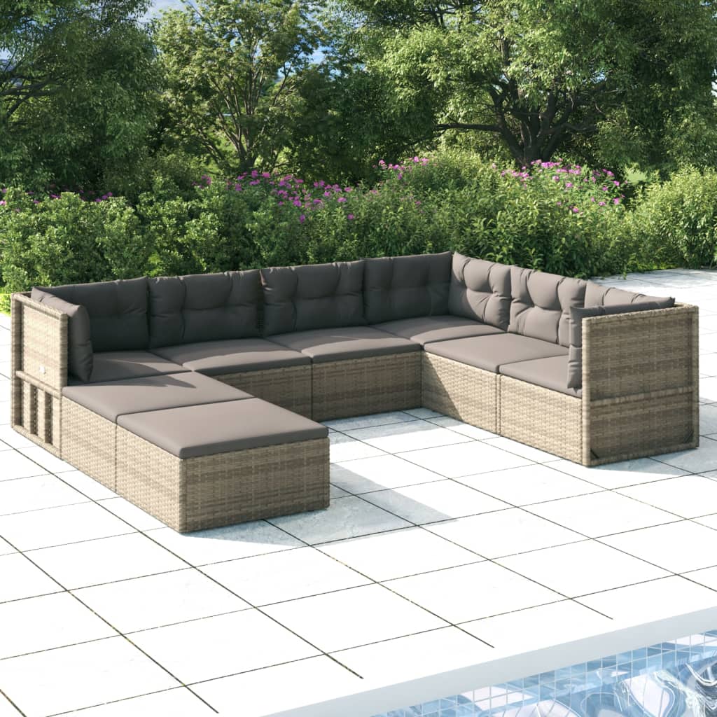 7-delige Loungeset met kussens poly rattan grijs