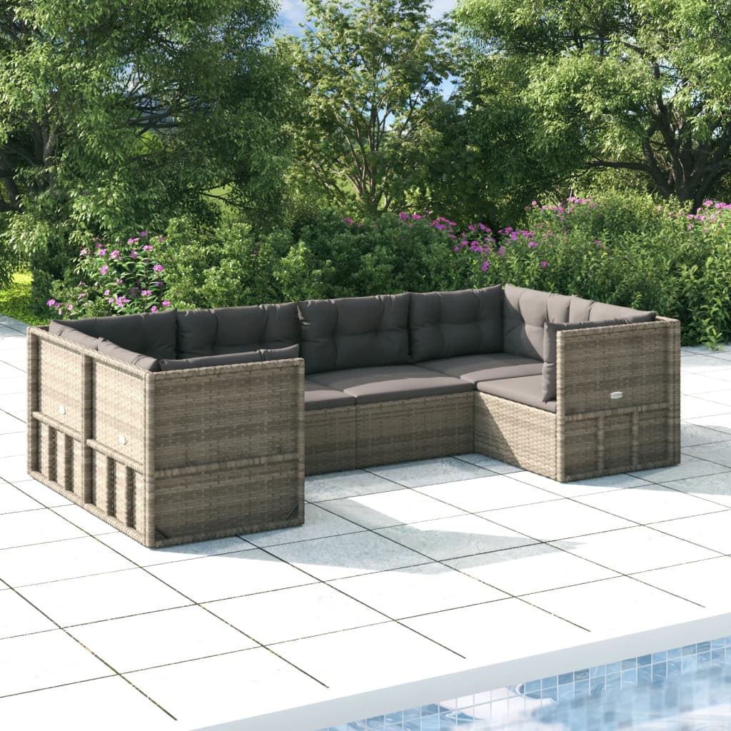 7-delige Loungeset met kussens poly rattan grijs