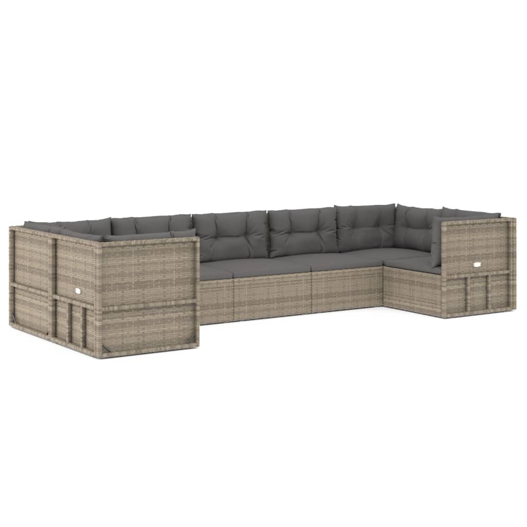 7-delige Loungeset met kussens poly rattan grijs