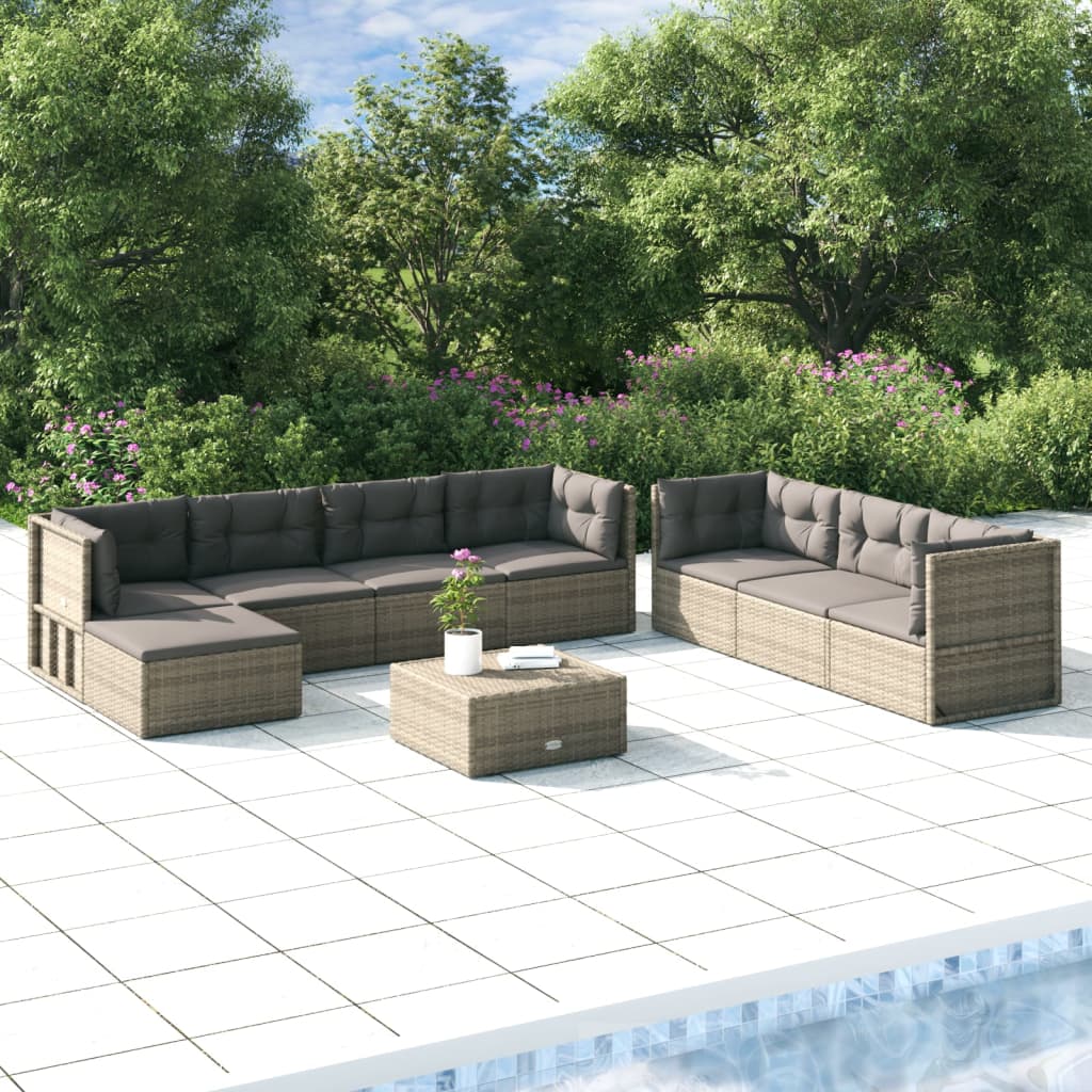 7-delige Loungeset met kussens poly rattan grijs