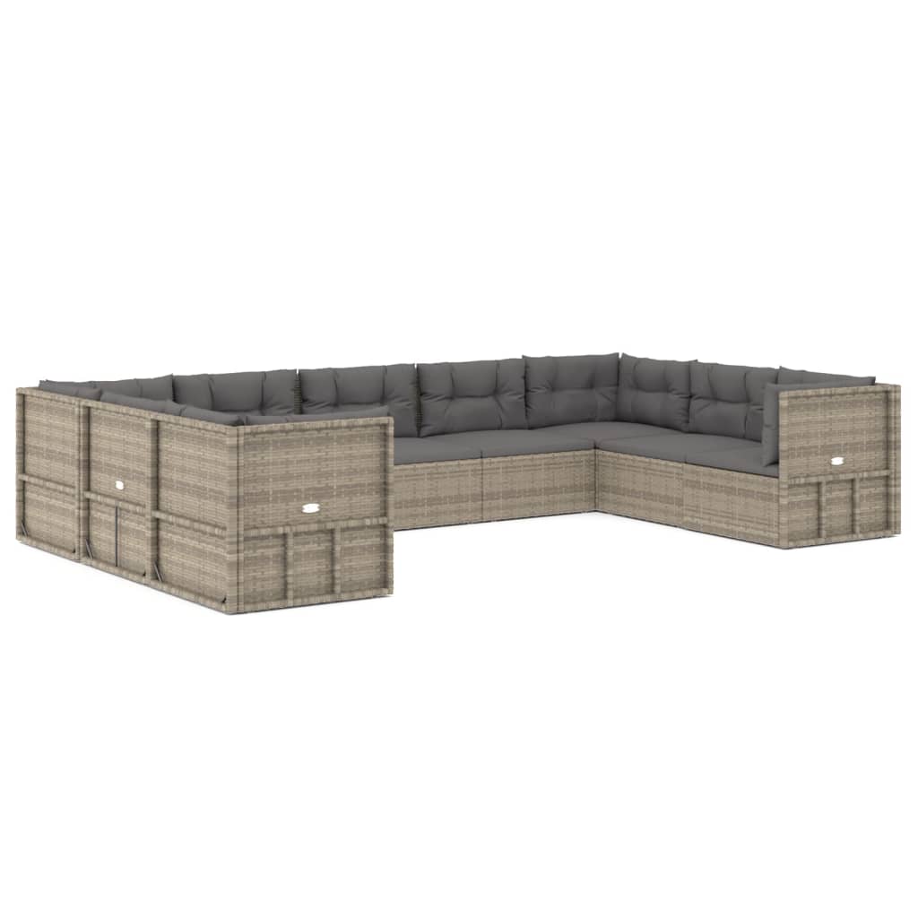 10-delige Loungeset met kussens poly rattan grijs