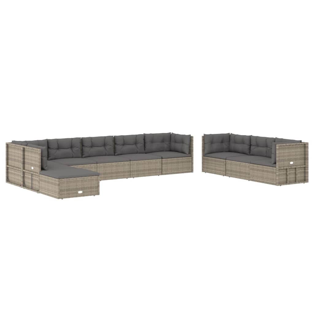 10-delige Loungeset met kussens poly rattan grijs