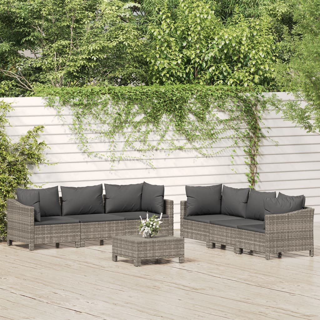 7-delige Loungeset met kussens poly rattan grijs