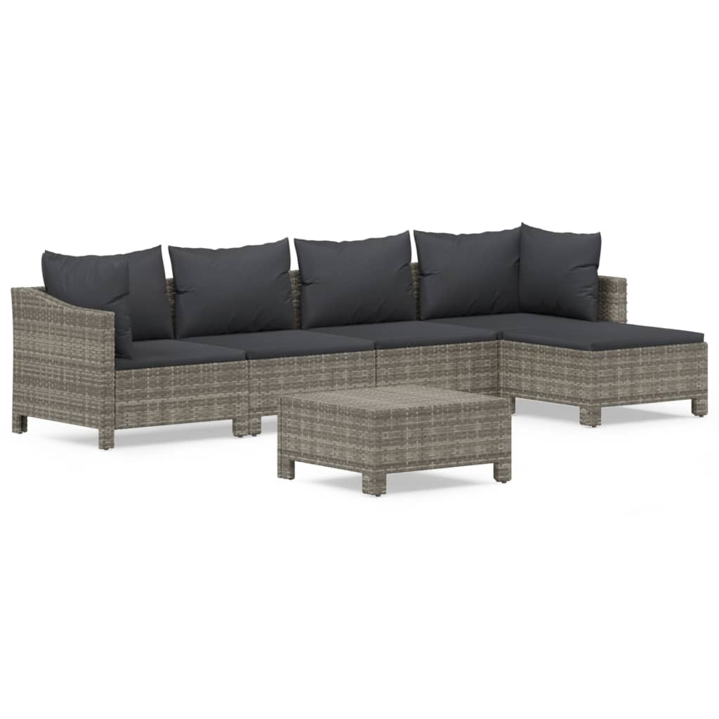 6-delige Loungeset met kussens poly rattan grijs