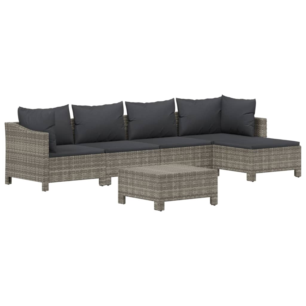 6-delige Loungeset met kussens poly rattan grijs