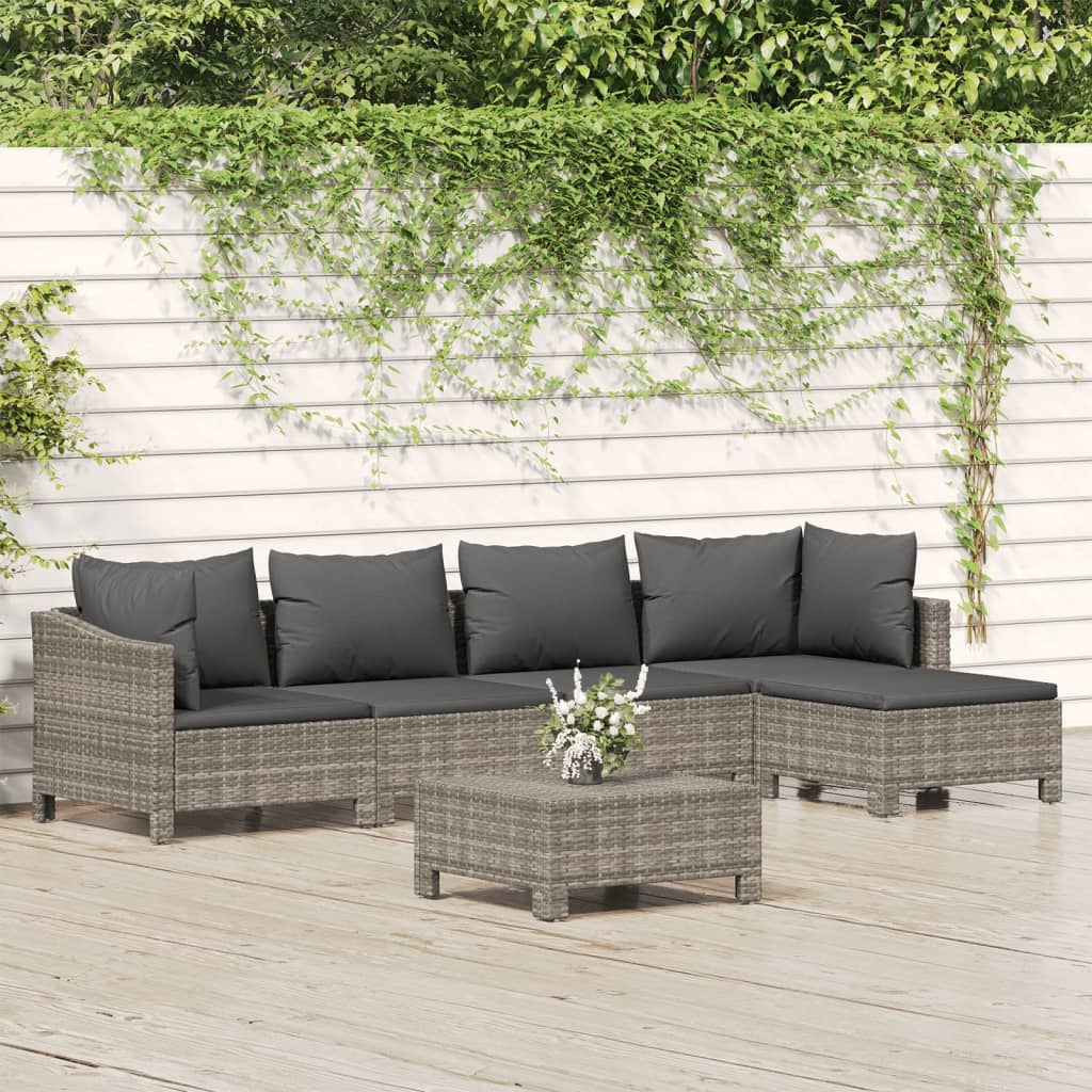 6-delige Loungeset met kussens poly rattan grijs