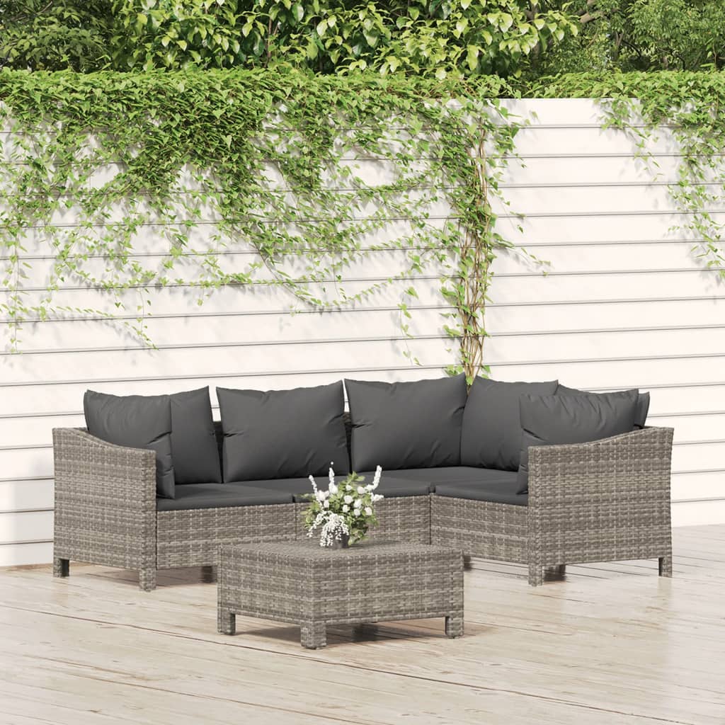 5-delige Loungeset met kussens poly rattan grijs