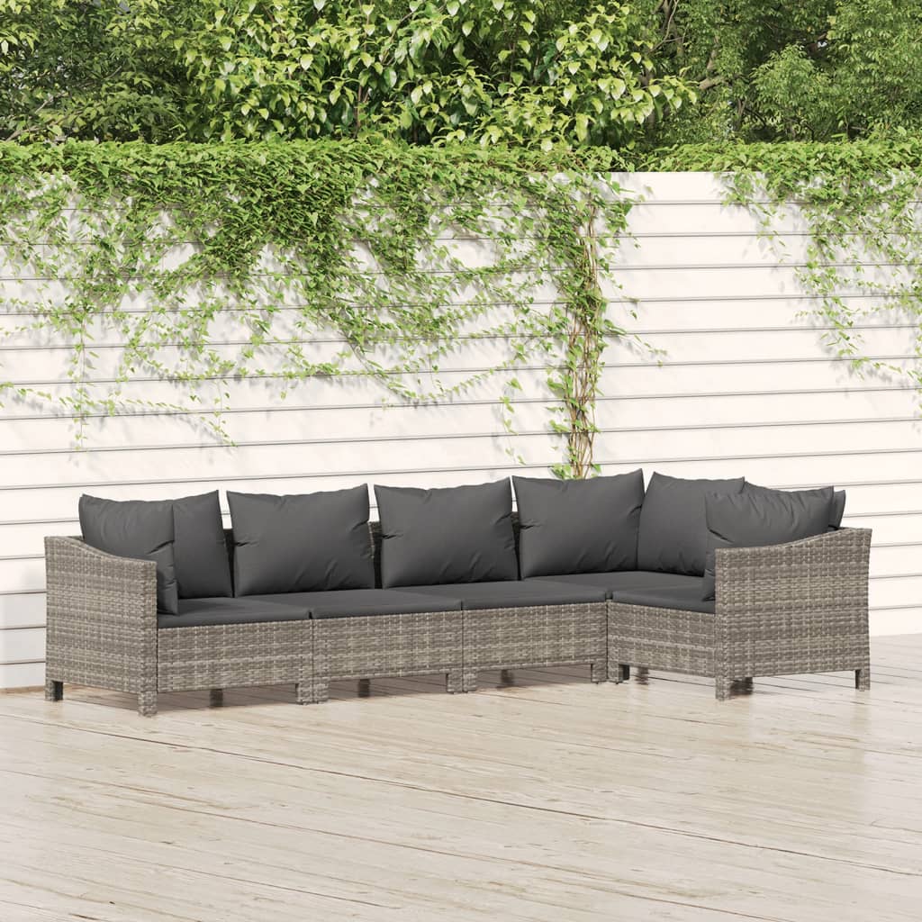 5-delige Loungeset met kussens poly rattan grijs