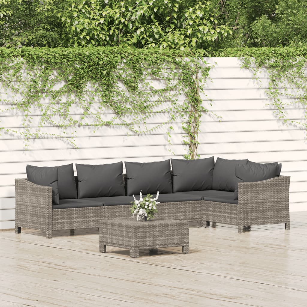 5-delige Loungeset met kussens poly rattan grijs