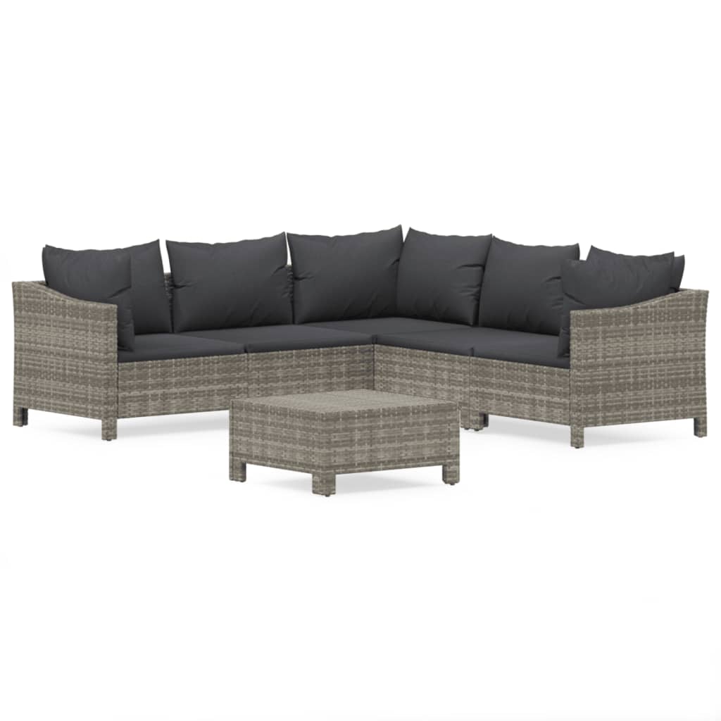 6-delige Loungeset met kussens poly rattan grijs