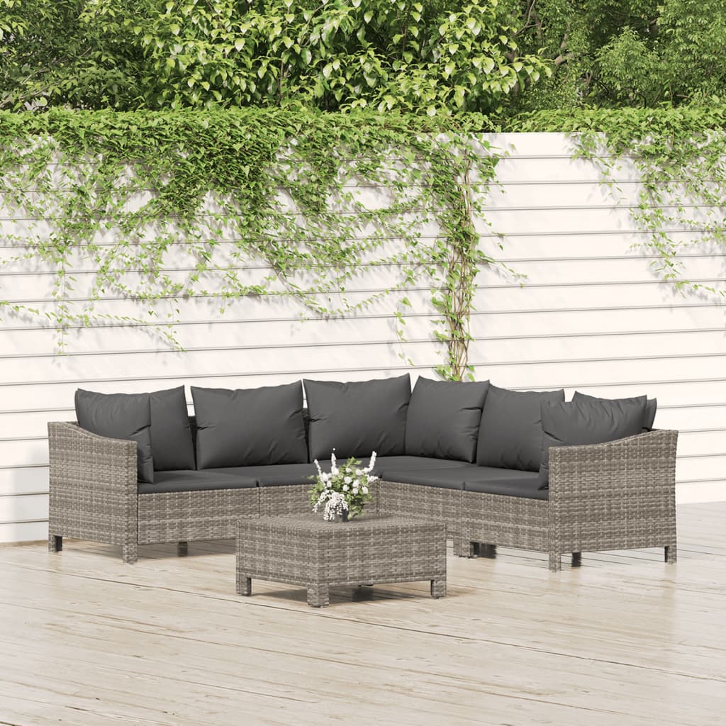 6-delige Loungeset met kussens poly rattan grijs