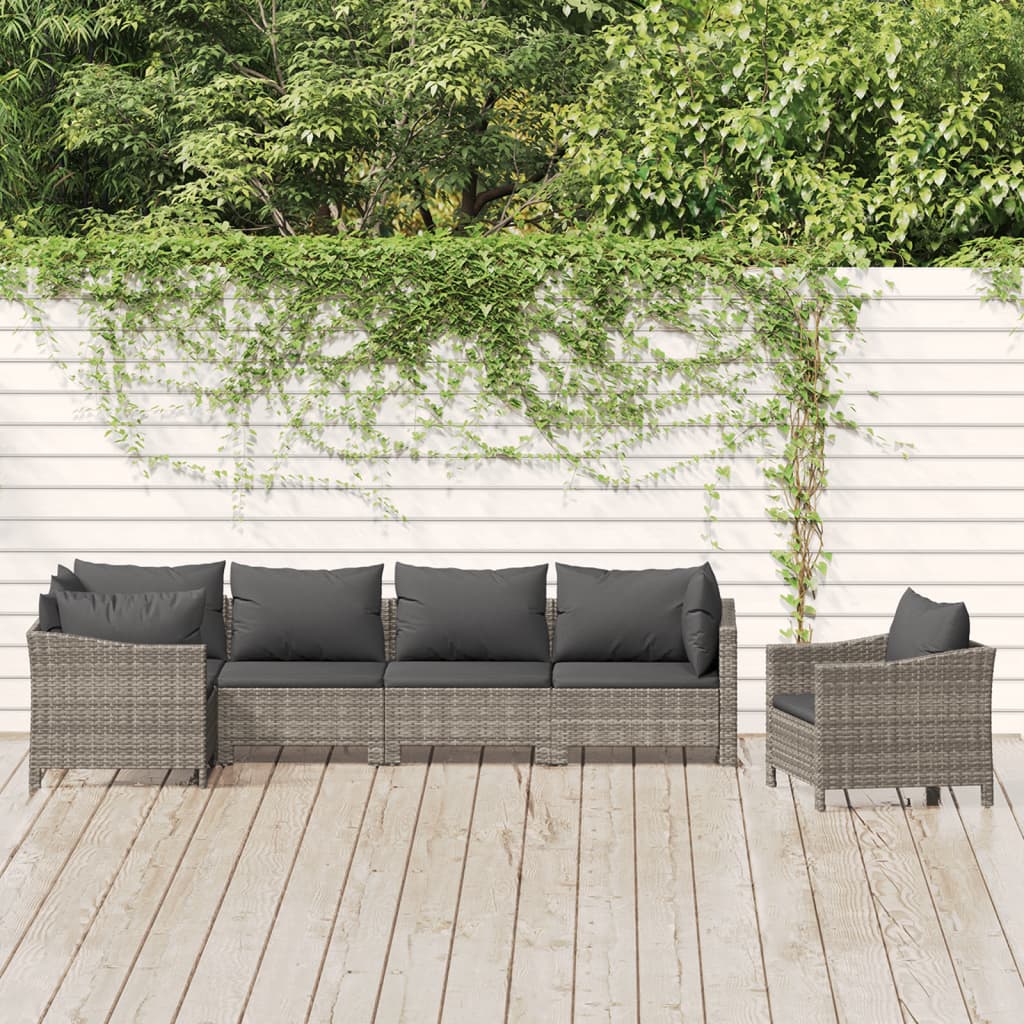 5-delige Loungeset met kussens poly rattan grijs