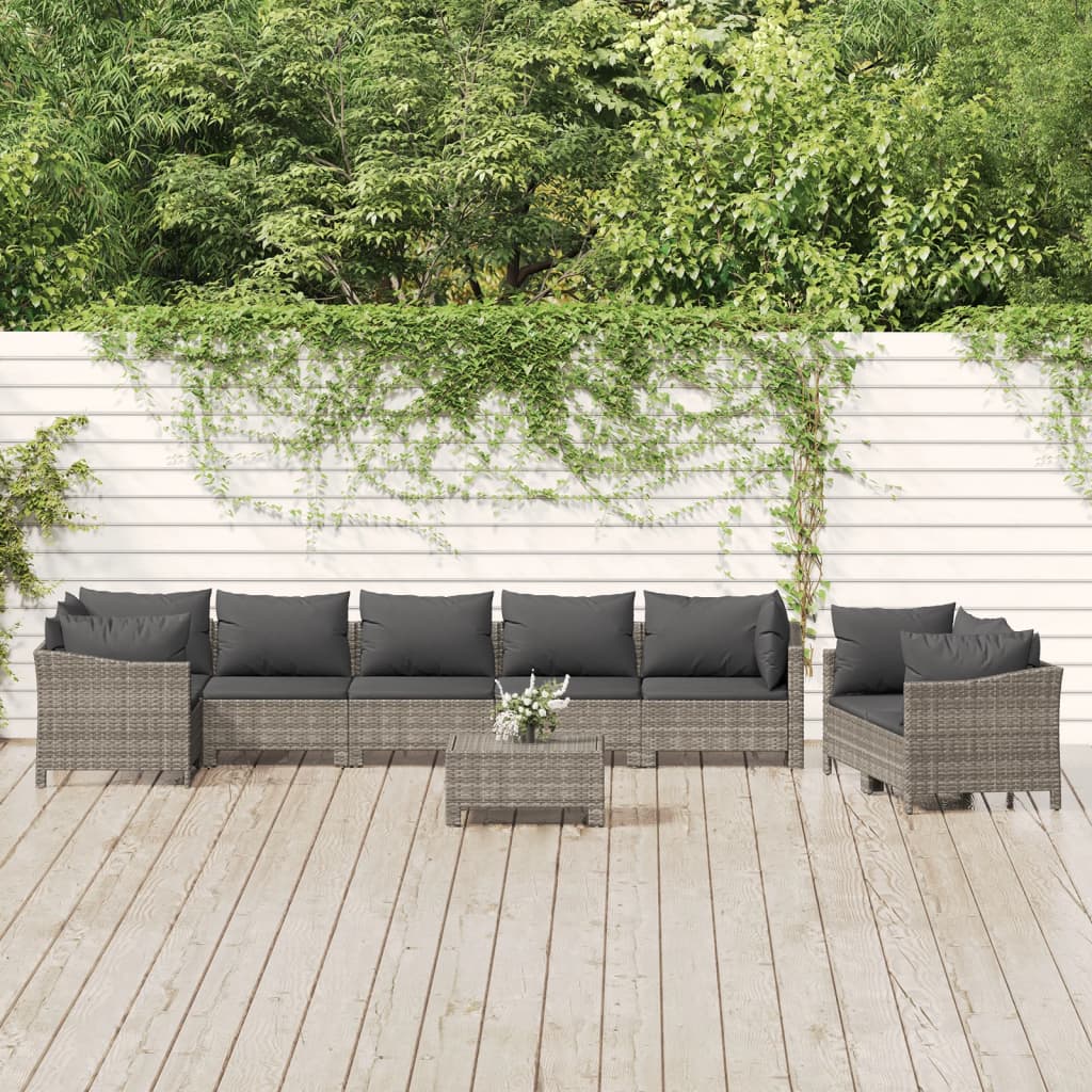 8-delige Loungeset met kussens poly rattan grijs