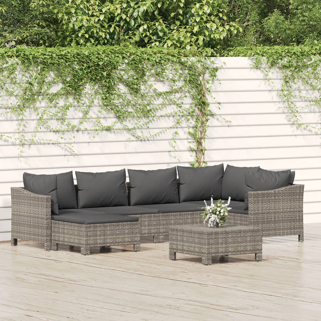 7-delige Loungeset met kussens poly rattan grijs