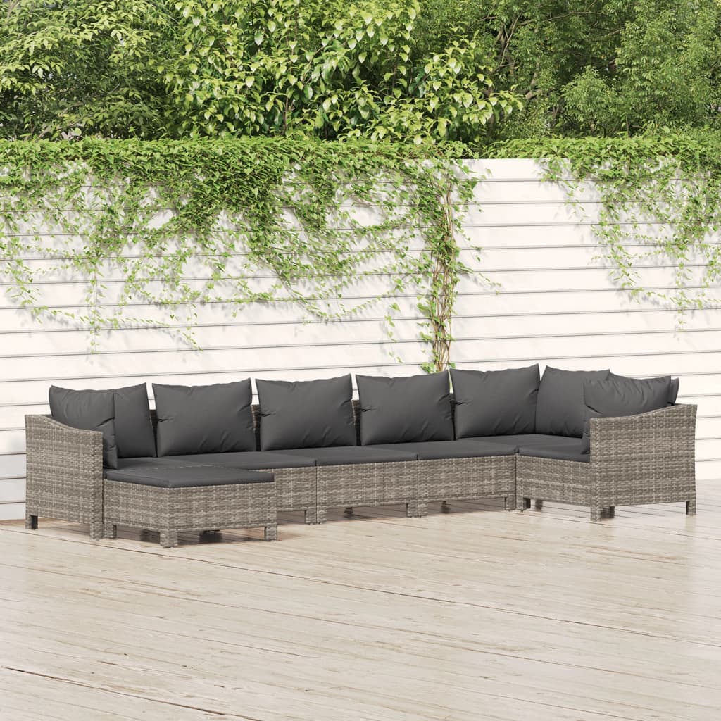 7-delige Loungeset met kussens poly rattan grijs